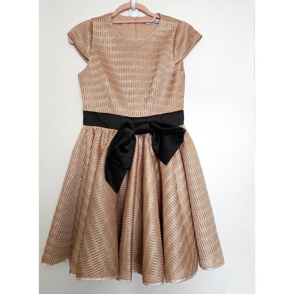 Cap Sleeve Short Fit & Flare Sleeve Mini Dress with Bow S-M, Gold Beige - Picture 1 of 11